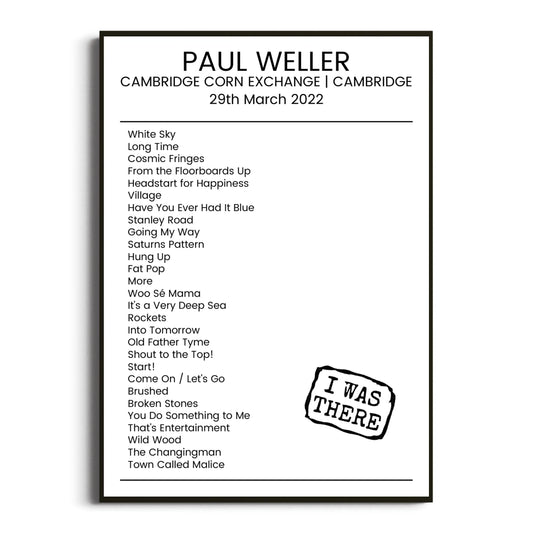 Paul Weller Cambridge 29 March 2022 Setlist Poster