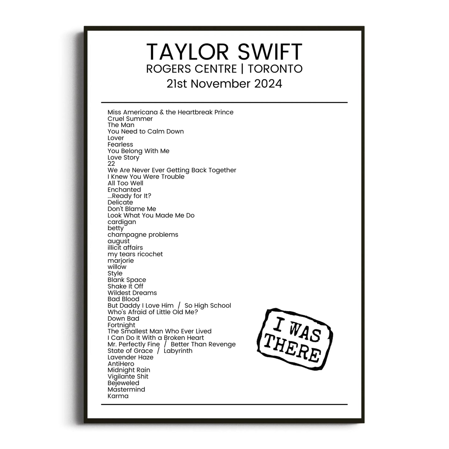 Taylor Swift Toronto 21 November 2024 Setlist Poster