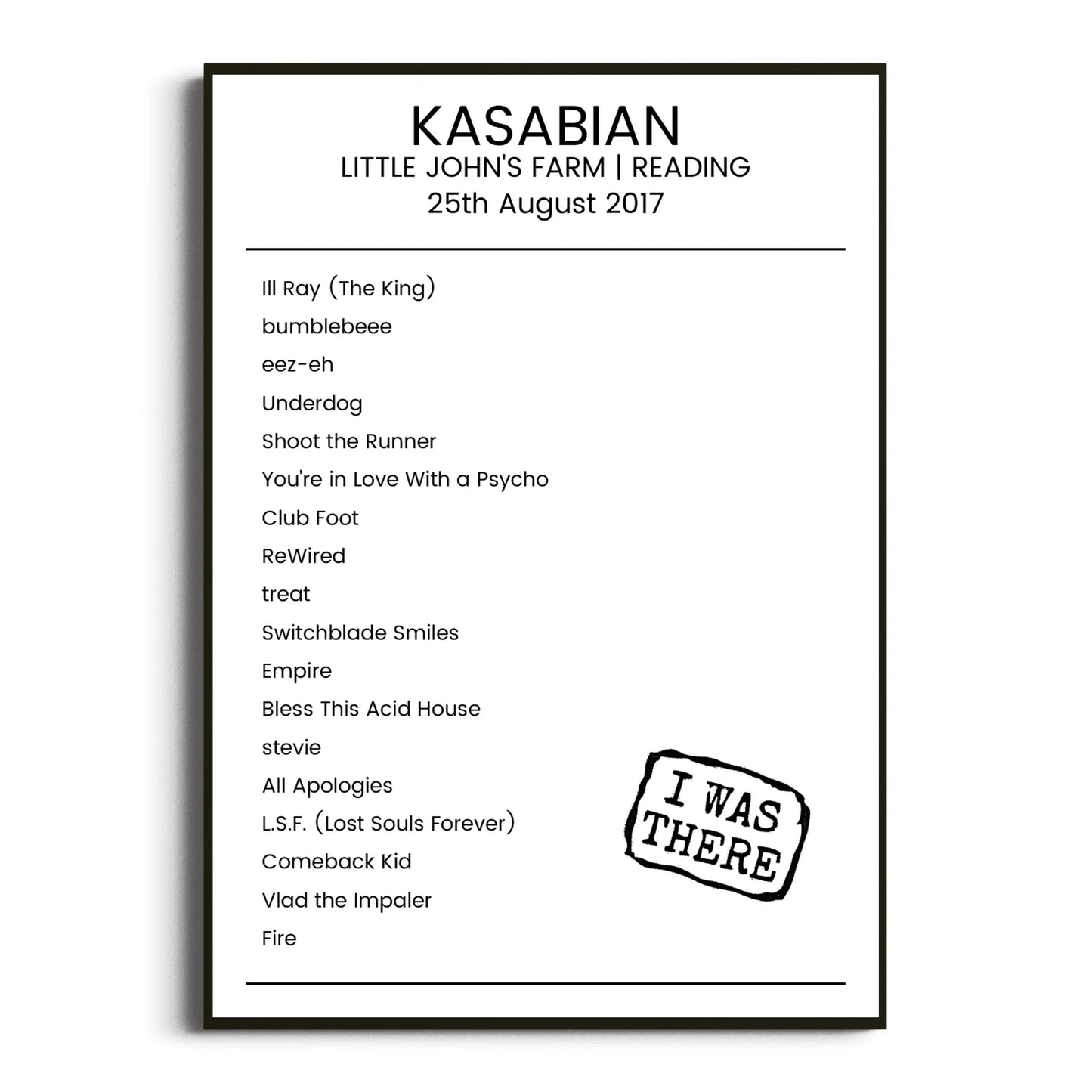 Kasabian Reading 25 August 2017 Setlist Poster