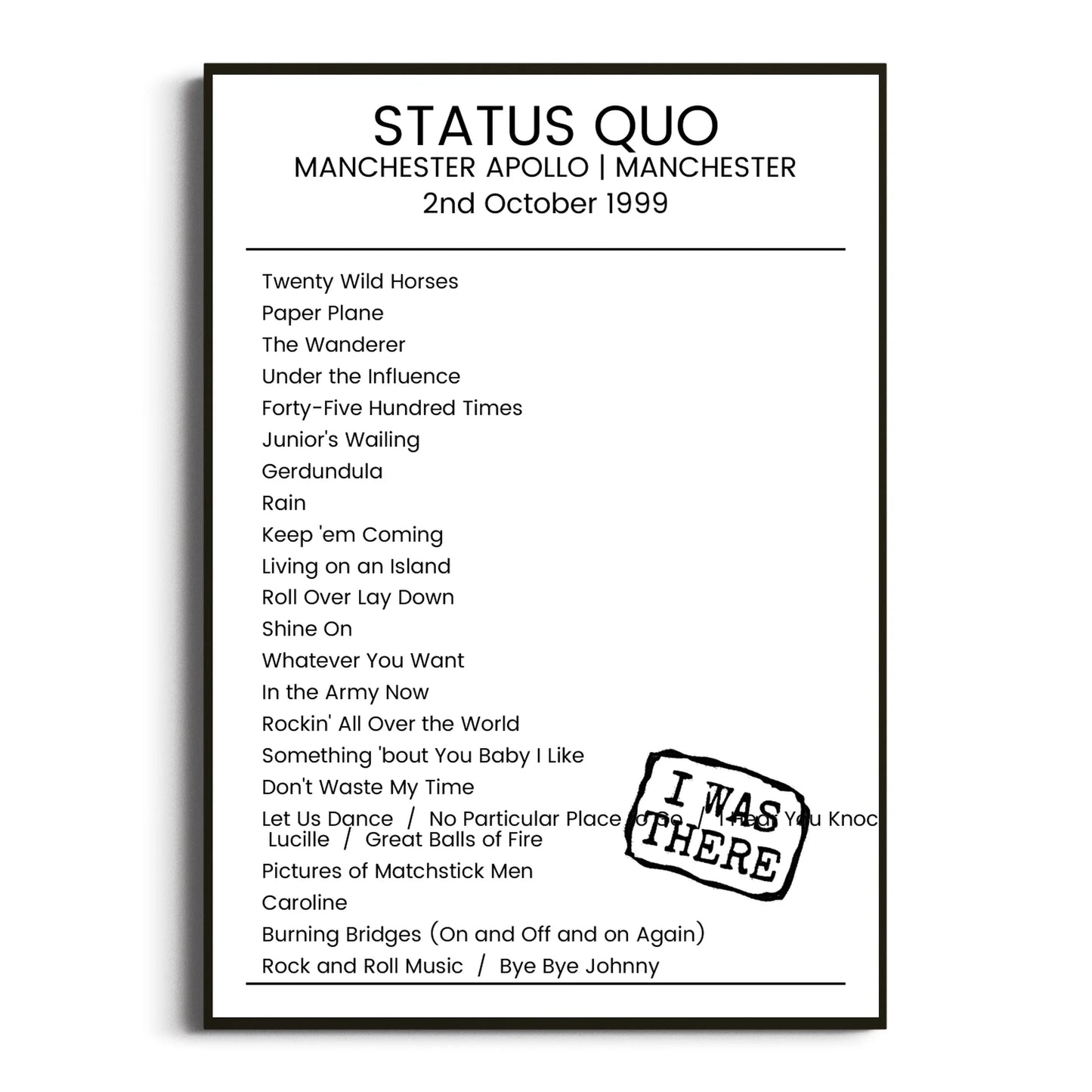 Status Quo Manchester 02 October 1999 Setlist Poster