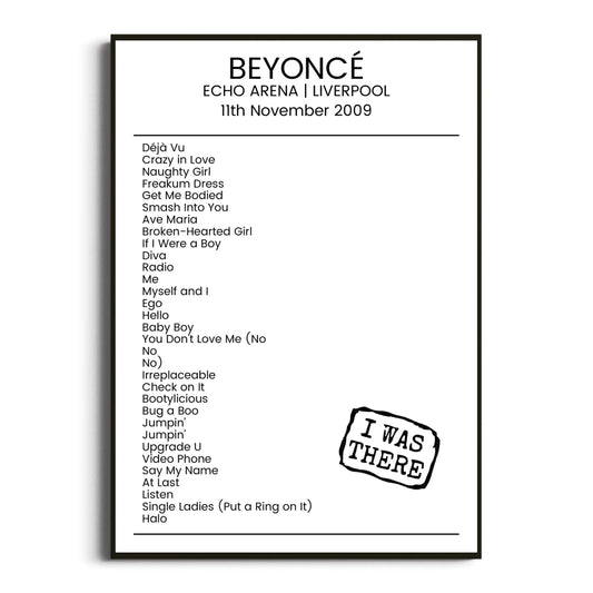 Beyoncé Liverpool 11 November 2009 Setlist Poster