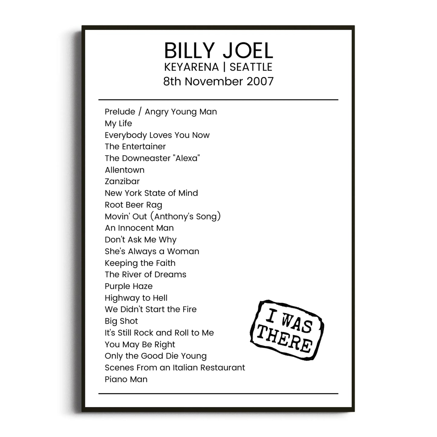 Billy Joel Seattle 08 November 2007 Setlist Poster