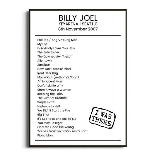 Billy Joel Seattle 08 November 2007 Setlist Poster