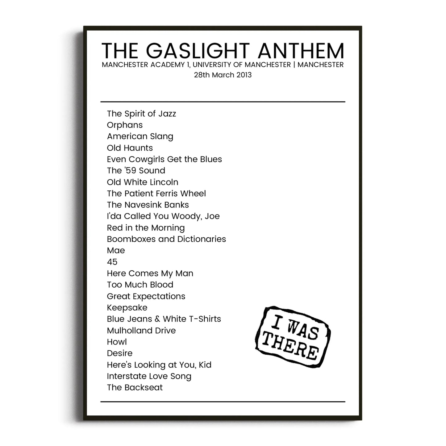 The Gaslight Anthem Manchester 28 March 2013 Setlist Poster