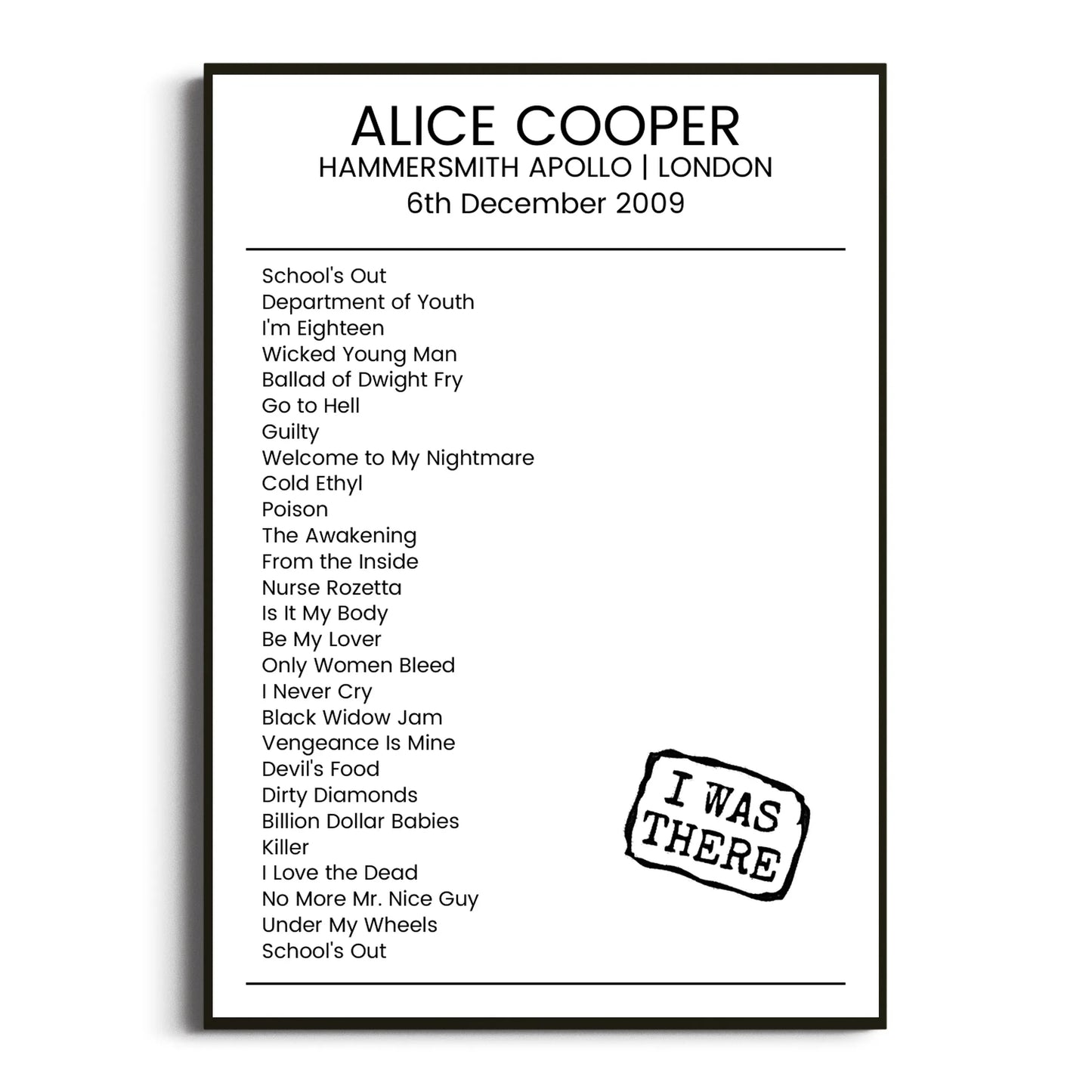 Alice Cooper London 06 December 2009 Setlist Poster