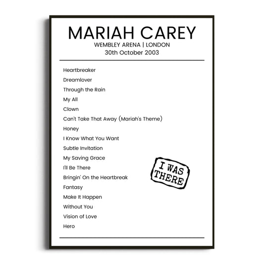 Mariah Carey London 30 October 2003 Setlist Poster