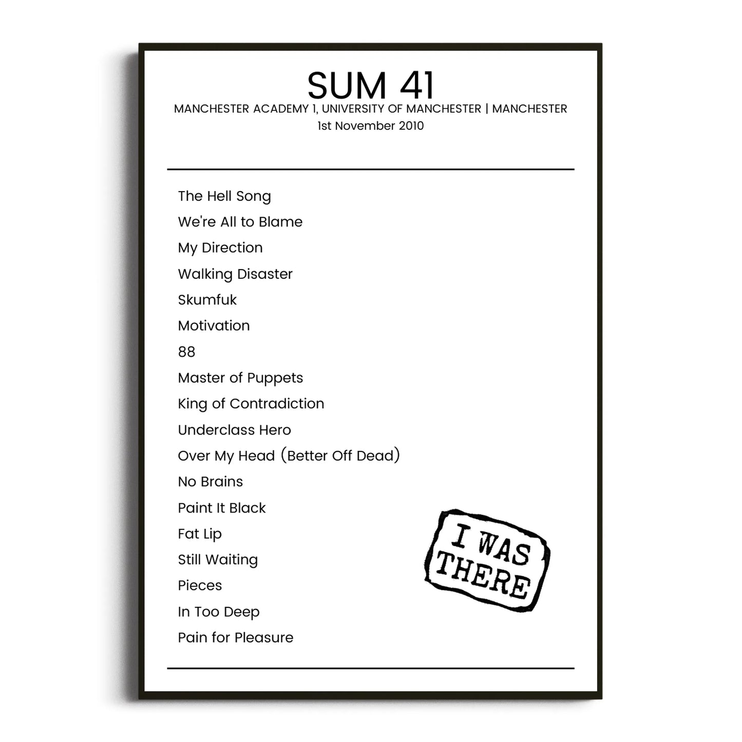 Sum 41 Manchester 01 November 2010 Setlist Poster