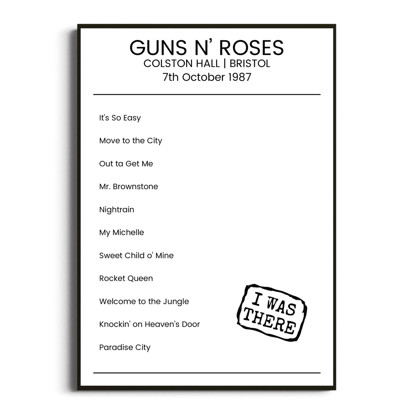 Guns N’ Roses Bristol 07 October 1987 Setlist Poster