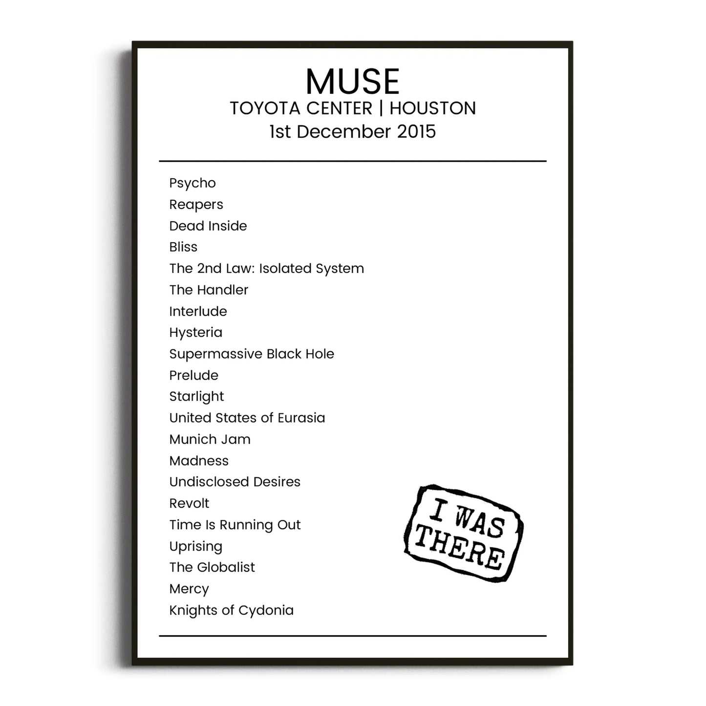 Muse Houston 01 December 2015 Setlist Poster