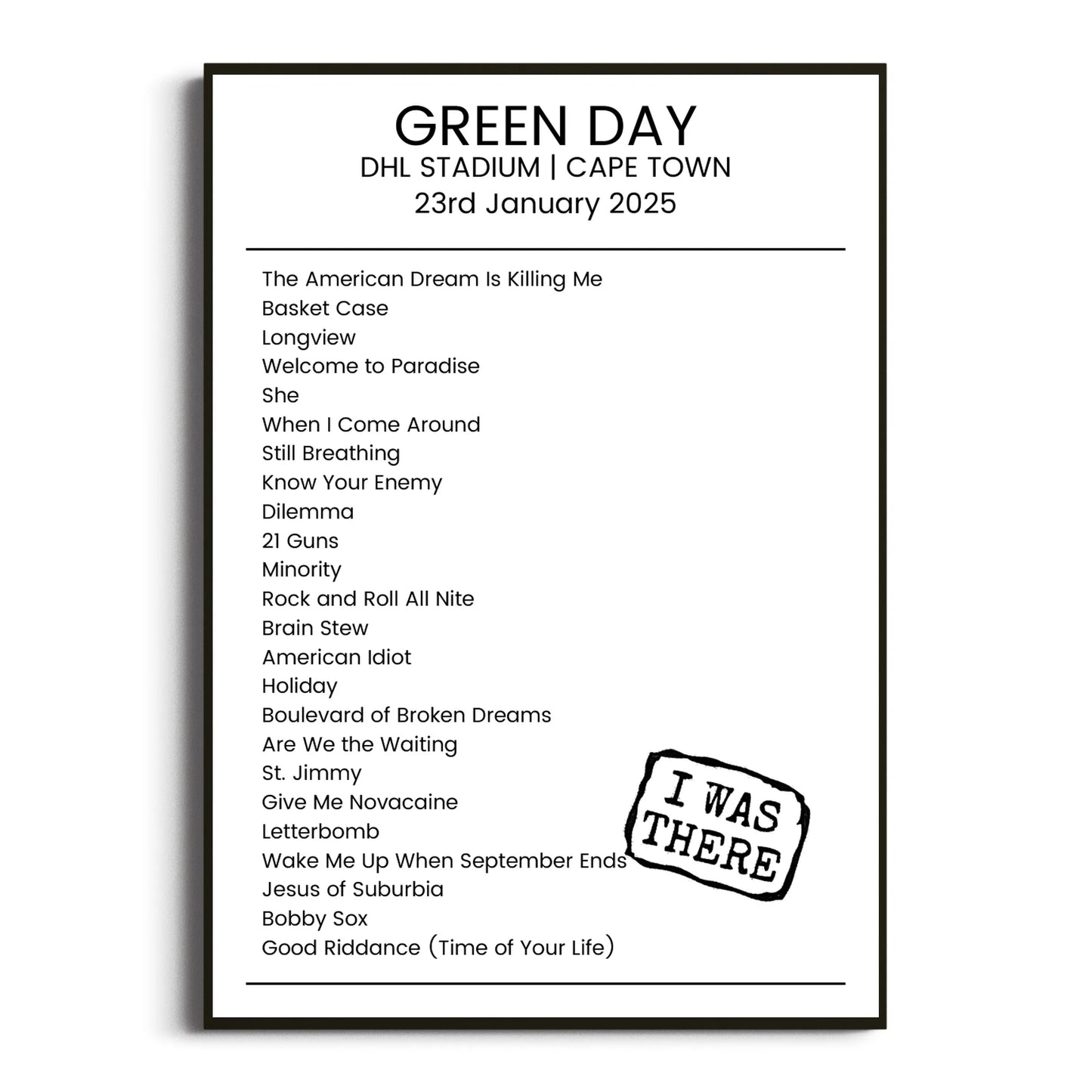 Green Day Cape Town 23 January 2025 Setlist Poster