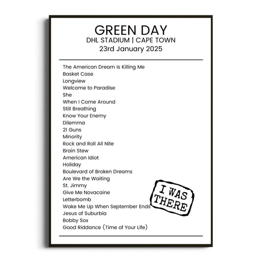 Green Day Cape Town 23 January 2025 Setlist Poster