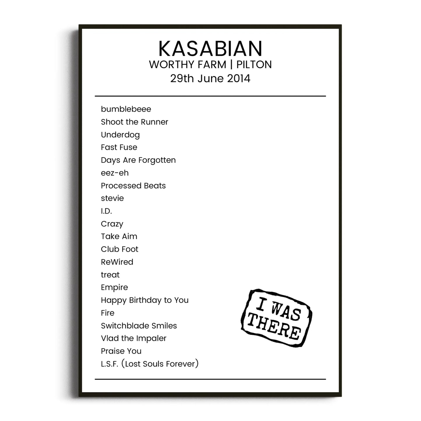 Kasabian Pilton 29 June 2014 Setlist Poster