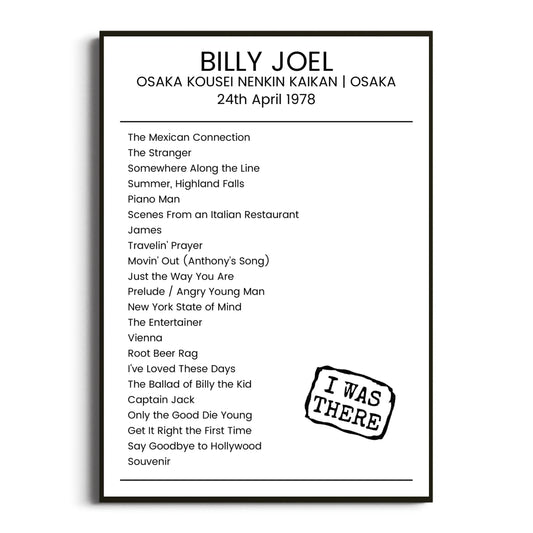 Billy Joel Osaka 24 April 1978 Setlist Poster