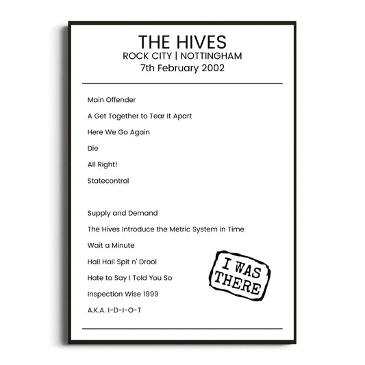 The Hives Nottingham 07 February 2002 Setlist Poster