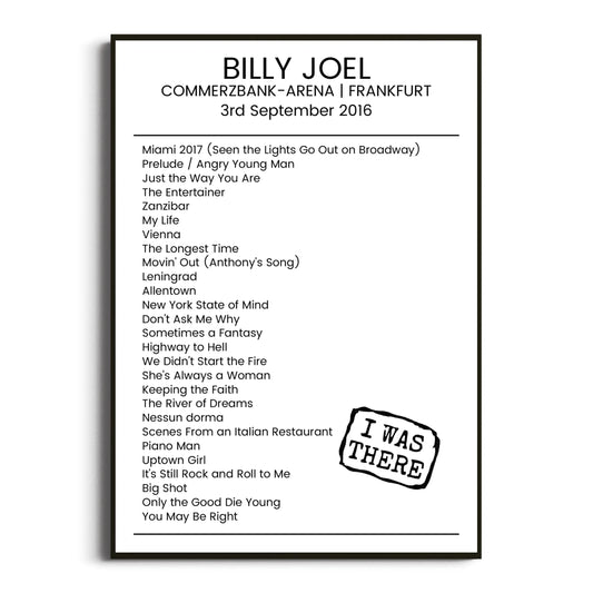 Billy Joel Frankfurt 03 September 2016 Setlist Poster