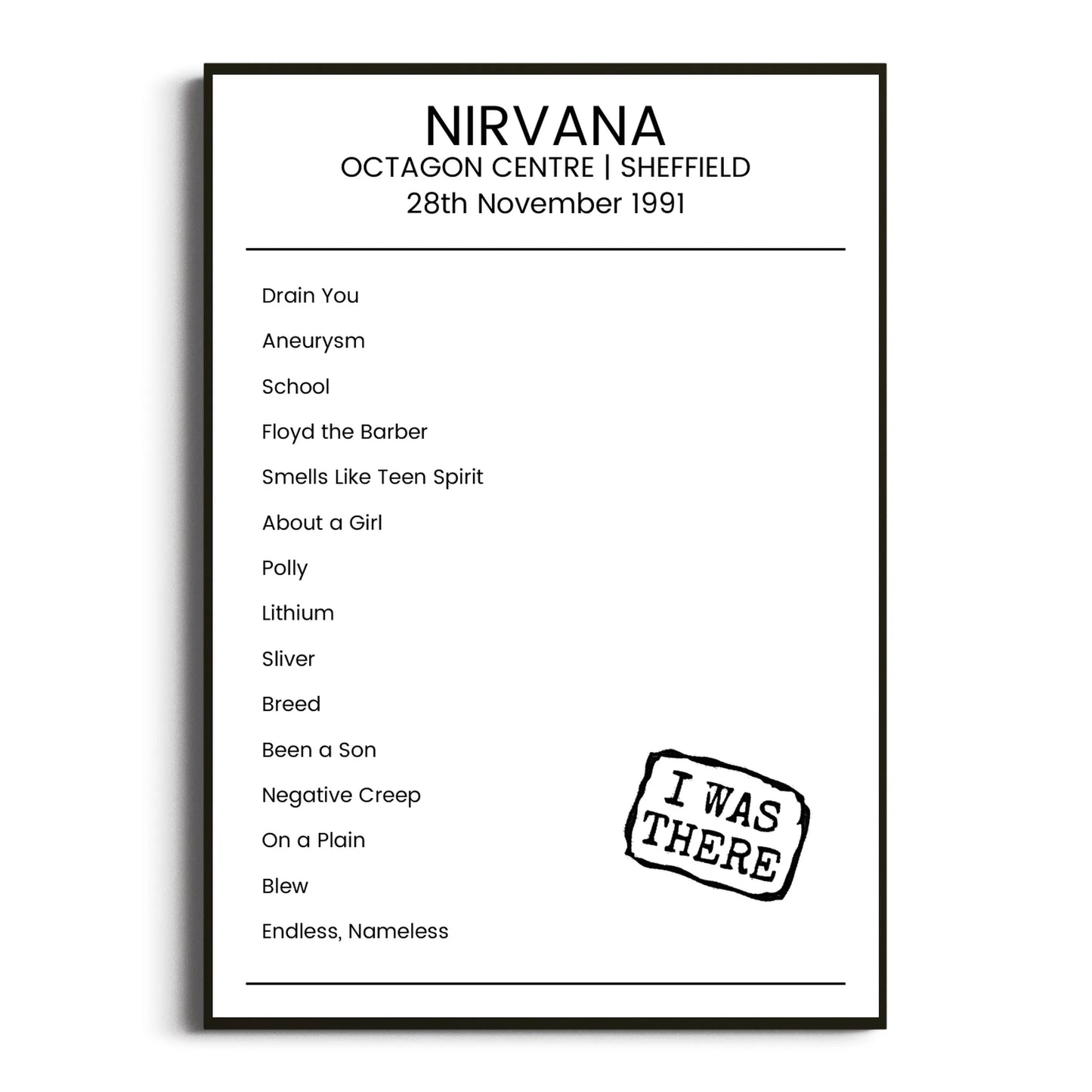 Nirvana Sheffield 28 November 1991 Setlist Poster