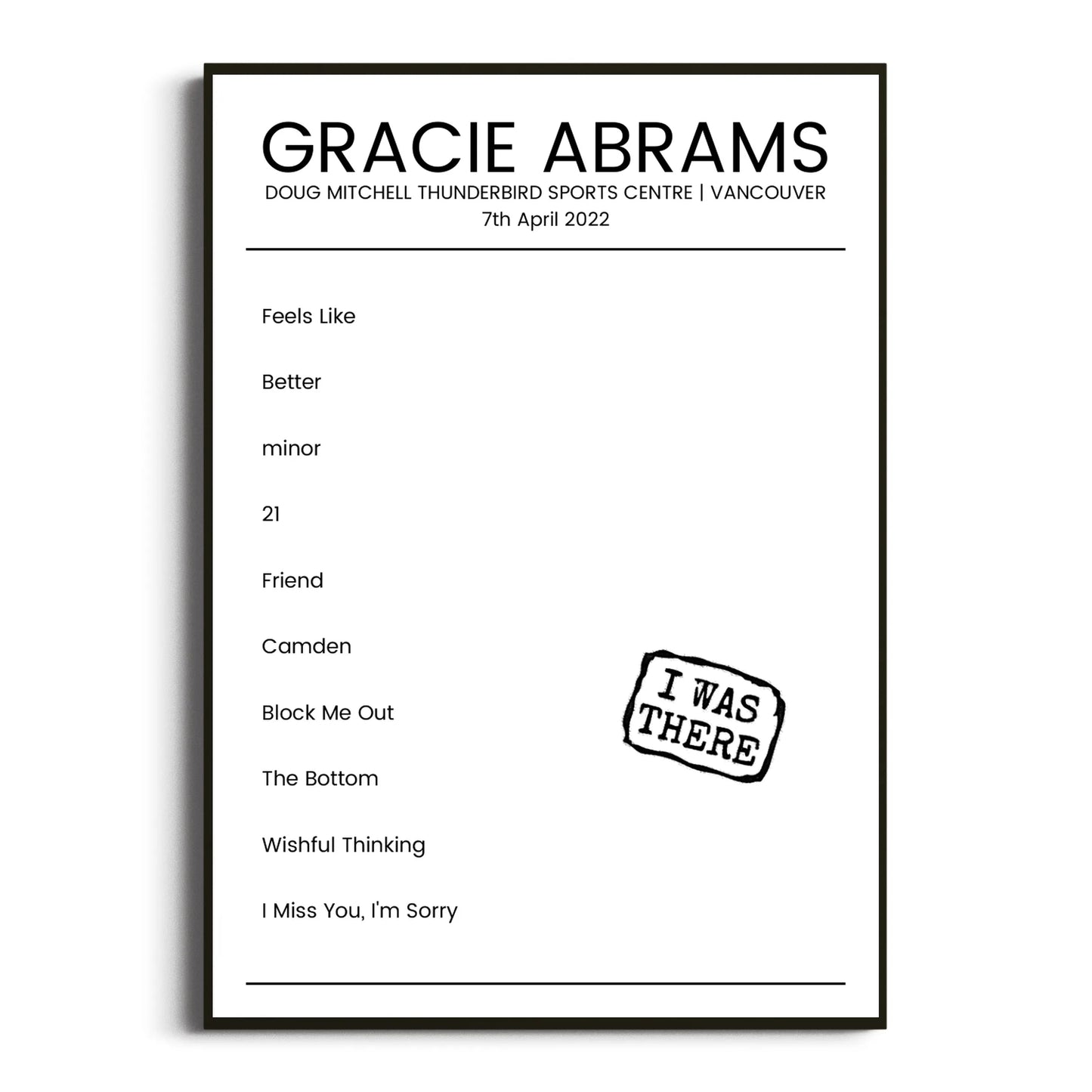 Gracie Abrams Vancouver 07 April 2022 Setlist Poster