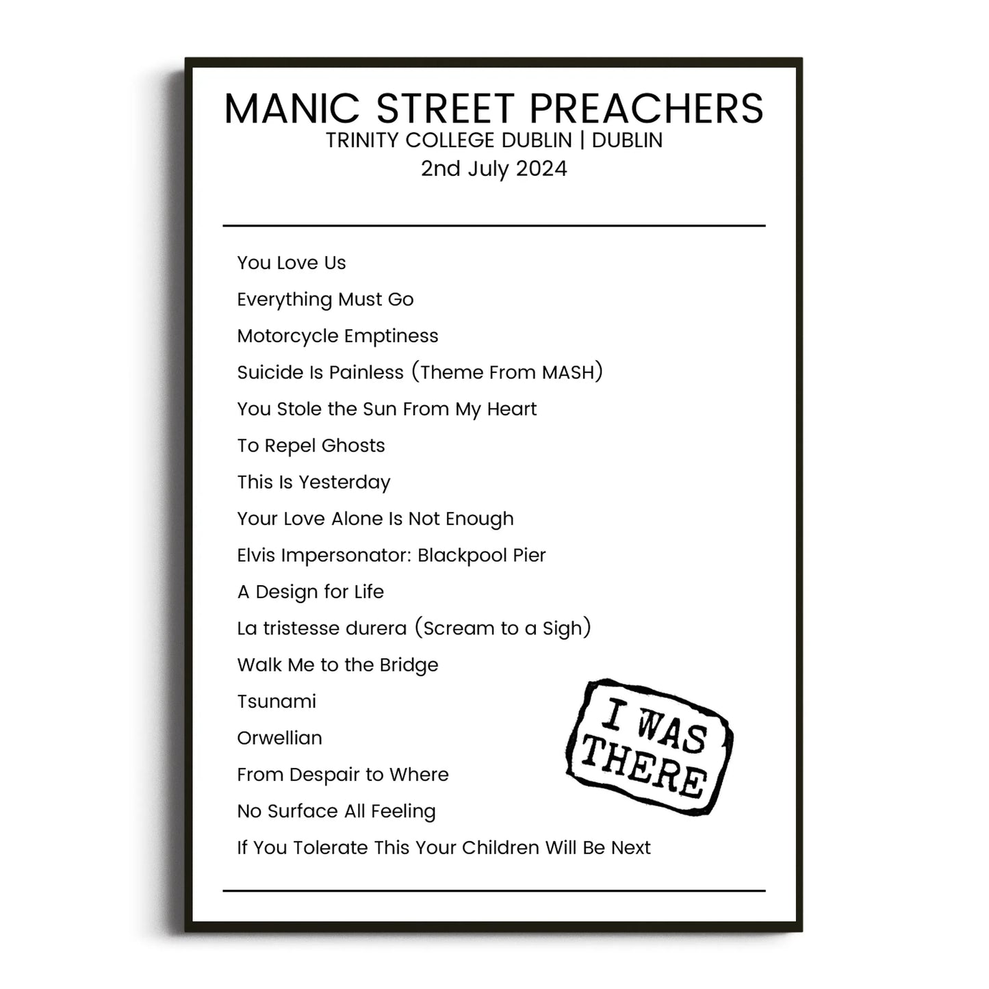 Manic Street Preachers Dublin 02 July 2024 Setlist Poster