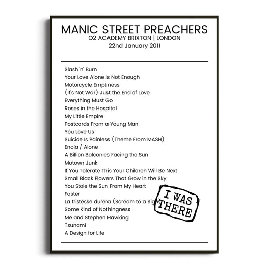 Manic Street Preachers London 22 January 2011 Setlist Poster