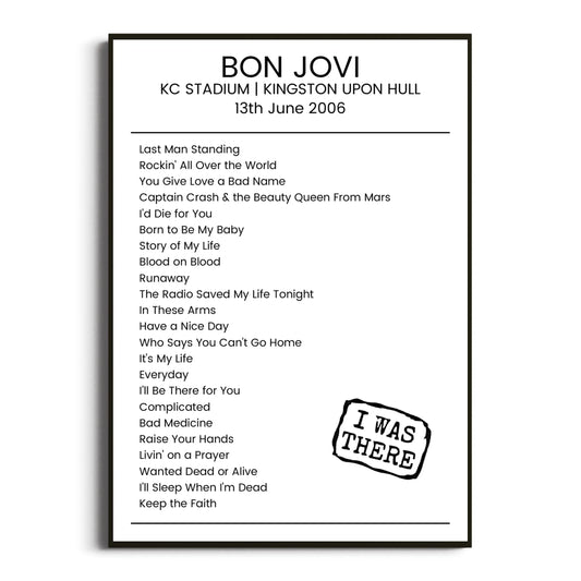 Bon Jovi Kingston upon Hull 13 June 2006 Setlist Poster