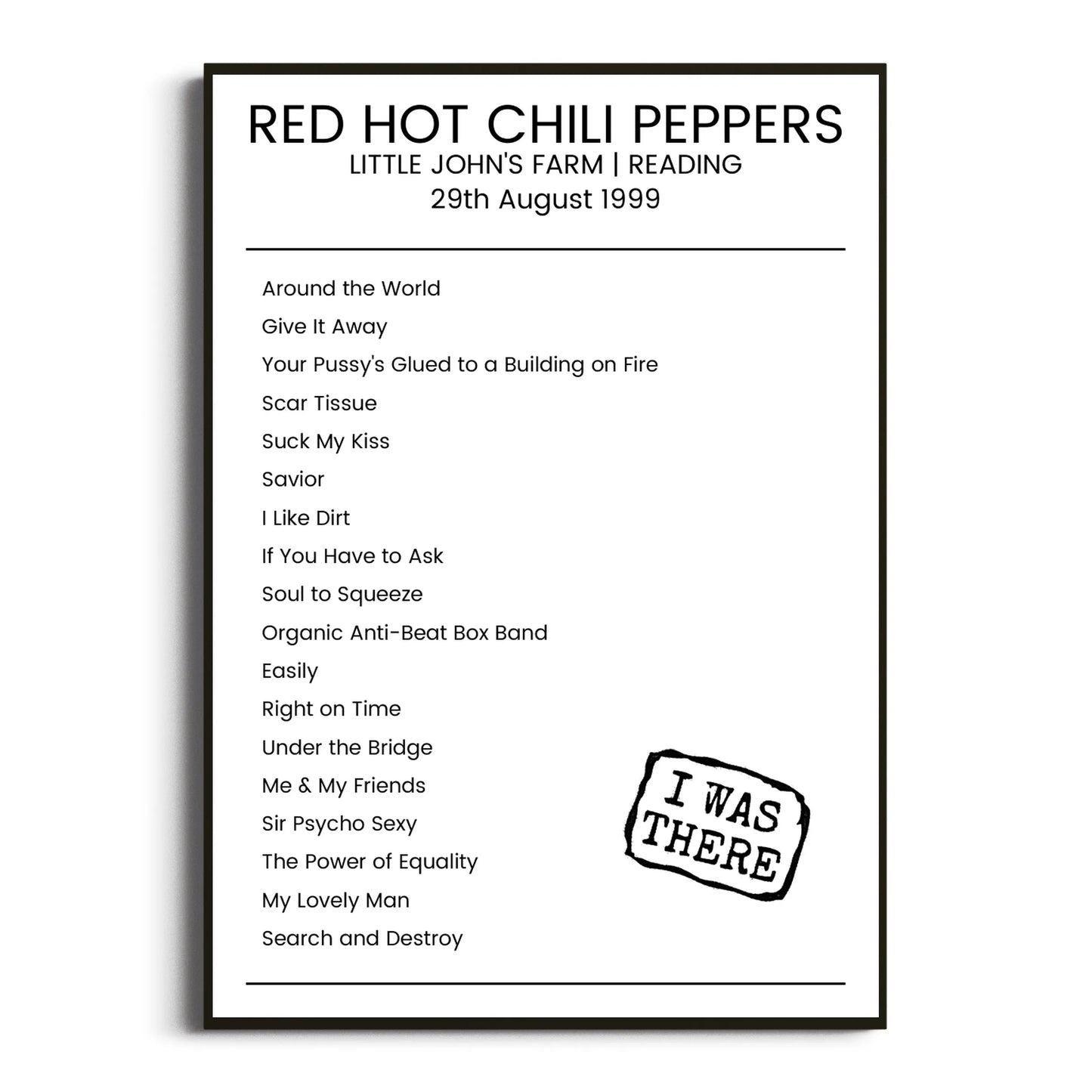 Red Hot Chili Peppers Reading 29 August 1999 Setlist Poster