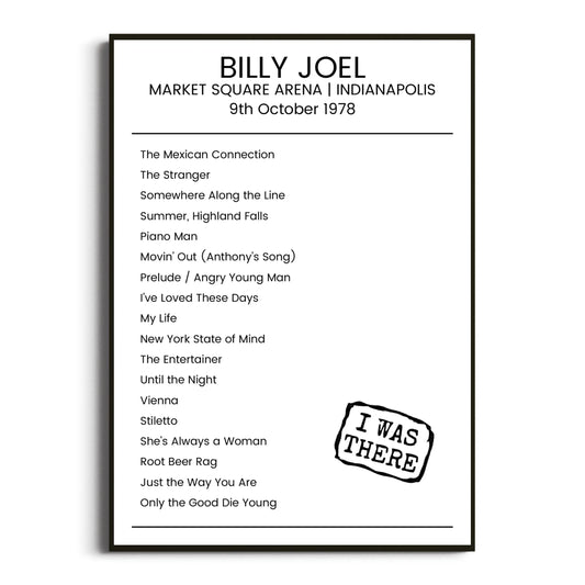 Billy Joel Indianapolis 09 October 1978 Setlist Poster