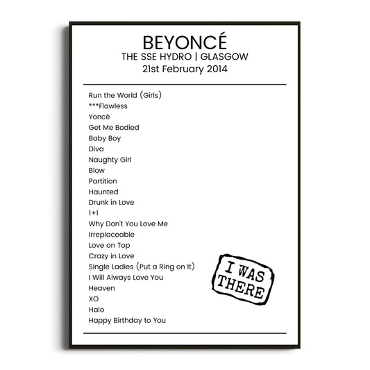 Beyoncé Glasgow 21 February 2014 Setlist Poster