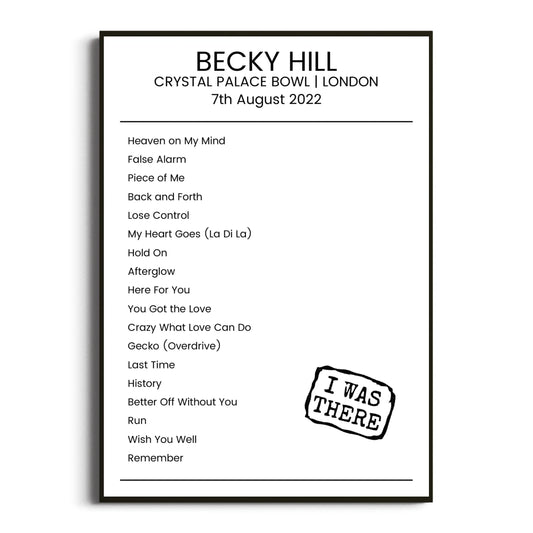 Becky Hill London 07 August 2022 Setlist Poster