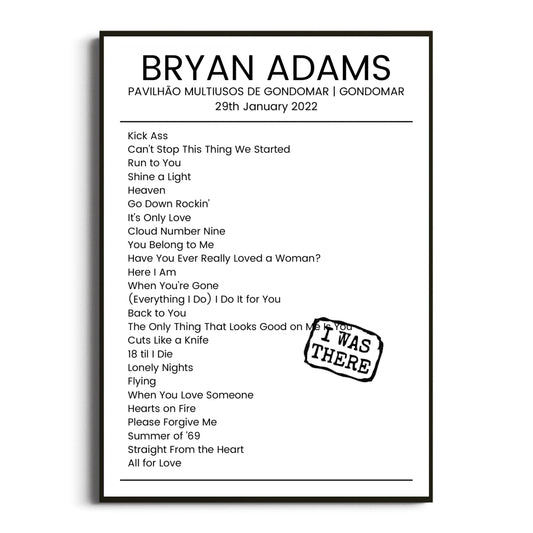 Bryan Adams Gondomar 29 January 2022 Setlist Poster