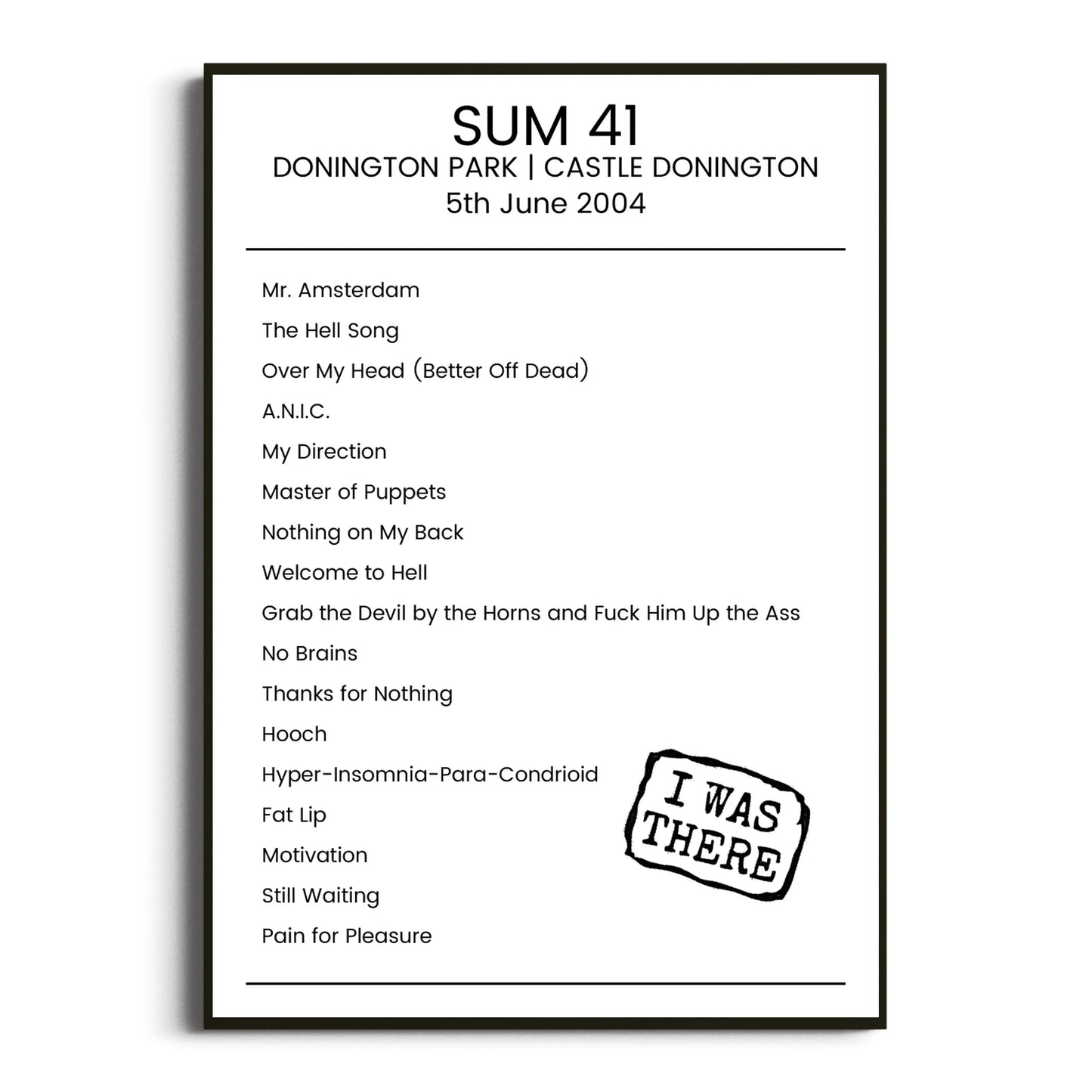 Sum 41 Castle Donington 05 June 2004 Setlist Poster