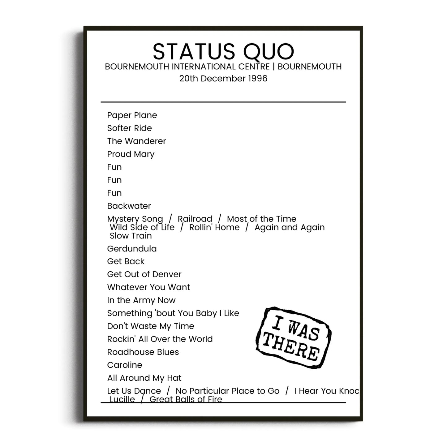 Status Quo Bournemouth 20 December 1996 Setlist Poster