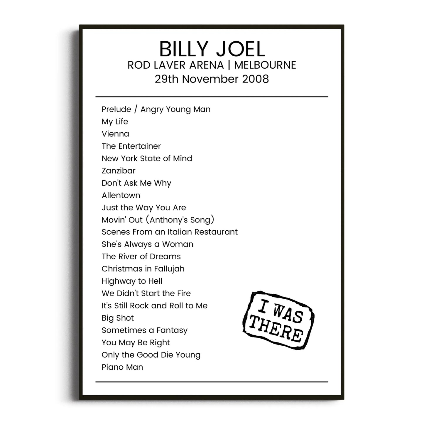 Billy Joel Melbourne 29 November 2008 Setlist Poster