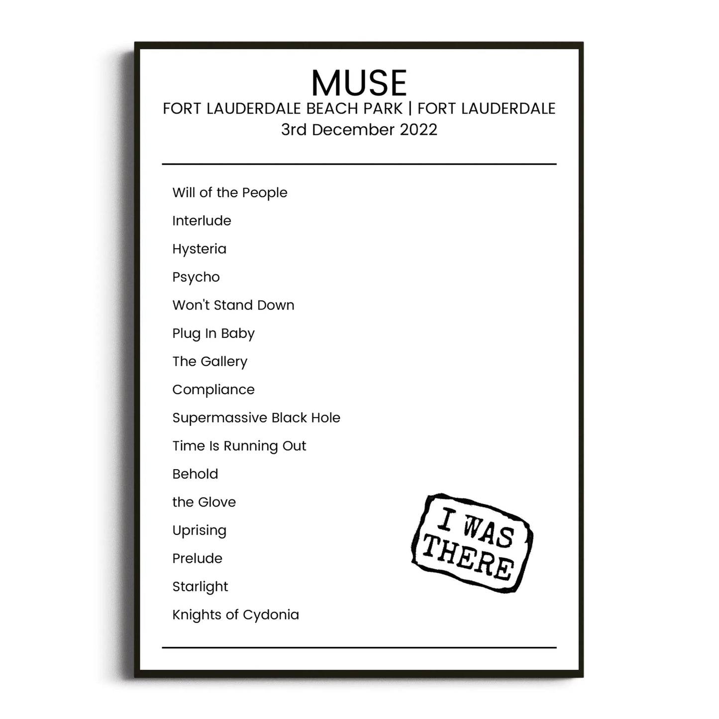 Muse Fort Lauderdale 03 December 2022 Setlist Poster