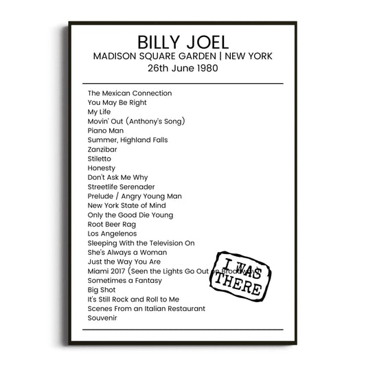 Billy Joel New York 26 June 1980 Setlist Poster