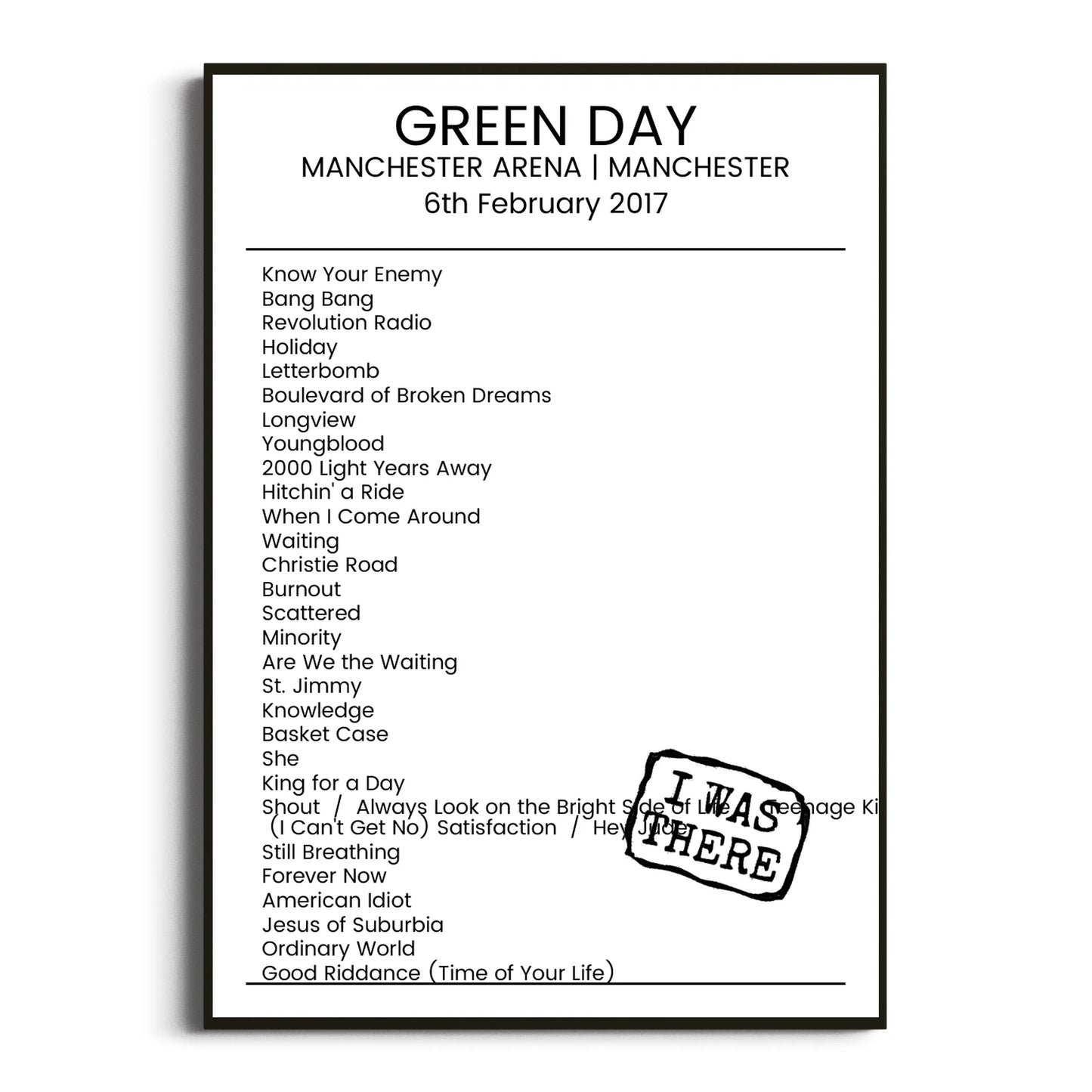 Green Day Manchester 06 February 2017 Setlist Poster