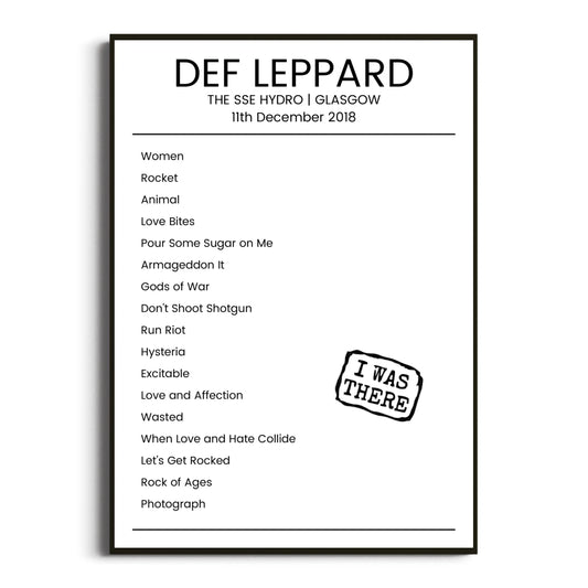 Def Leppard Glasgow 11 December 2018 Setlist Poster