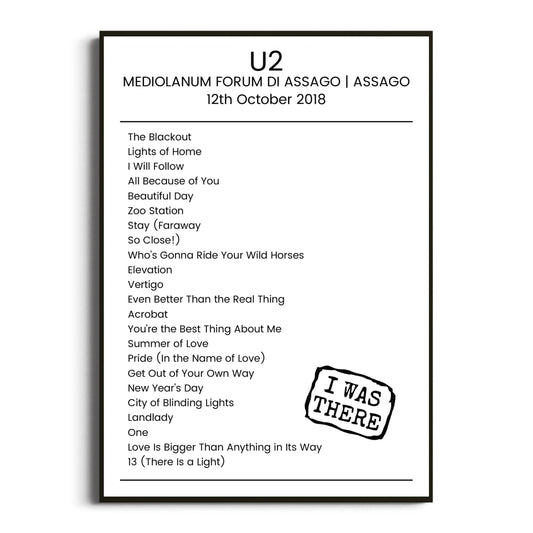 U2 Assago 12 October 2018 Setlist Poster