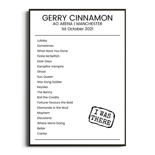 Gerry Cinnamon Manchester 01 October 2021 Setlist Poster