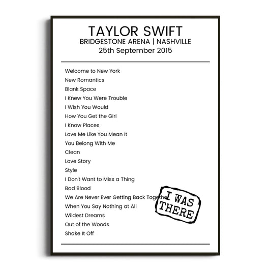 Taylor Swift Nashville 25 September 2015 Setlist Poster