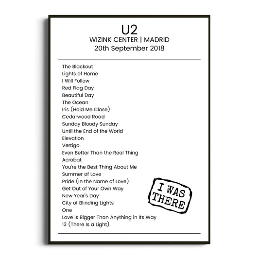 U2 Madrid 20 September 2018 Setlist Poster