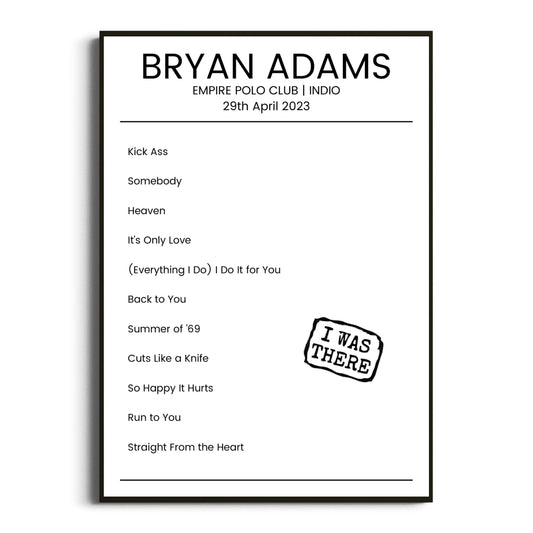 Bryan Adams Indio 29 April 2023 Setlist Poster