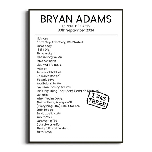 Bryan Adams Paris 30 September 2024 Setlist Poster