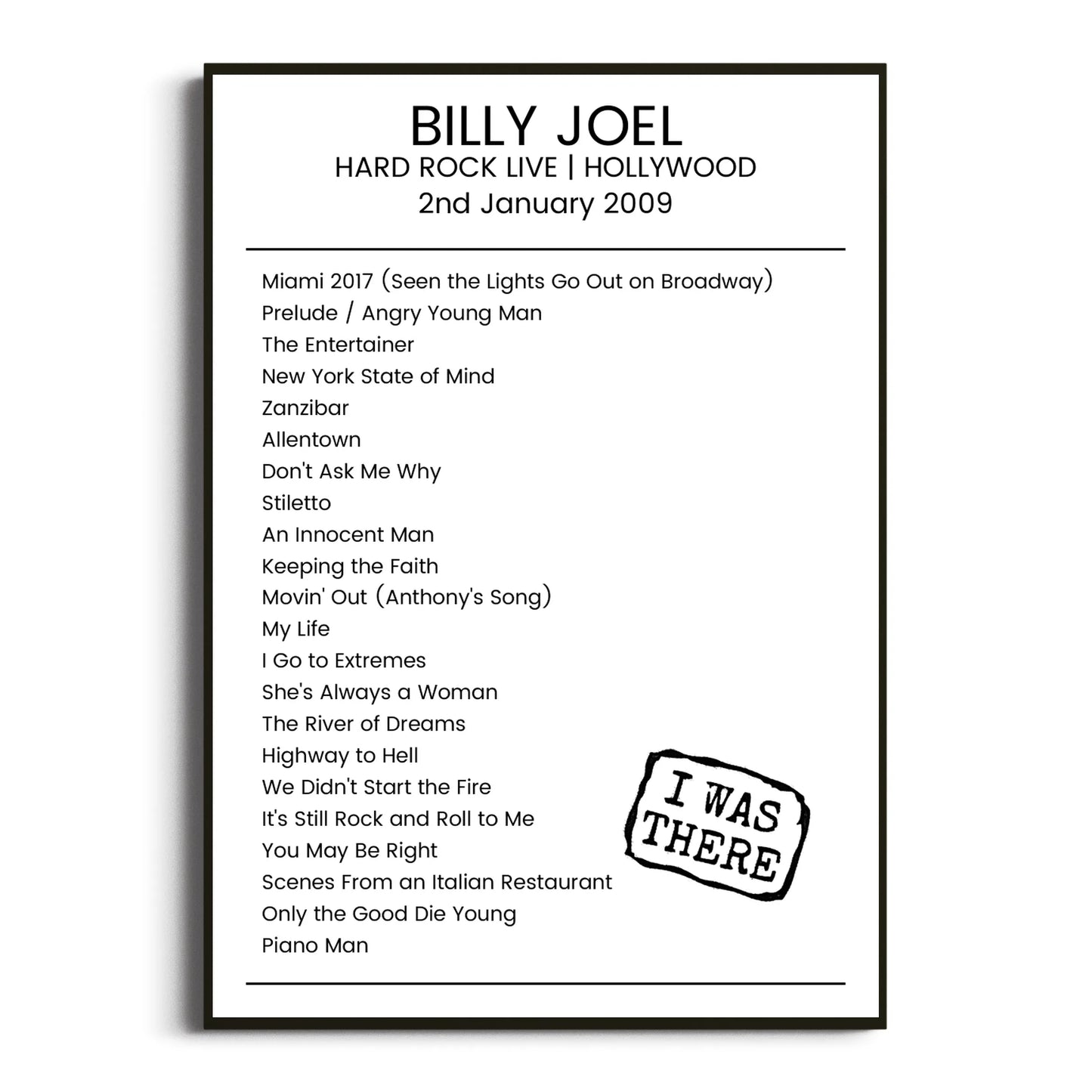 Billy Joel Hollywood 02 January 2009 Setlist Poster