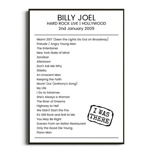 Billy Joel Hollywood 02 January 2009 Setlist Poster