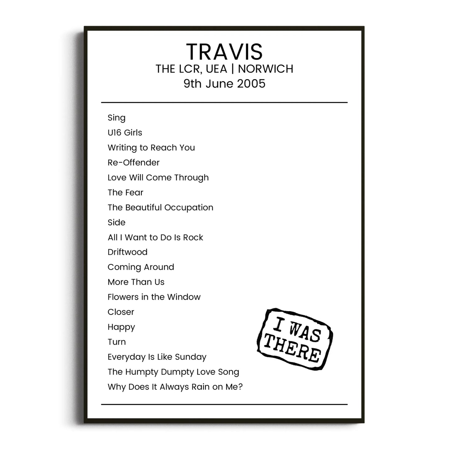 Travis Norwich 09 June 2005 Setlist Poster