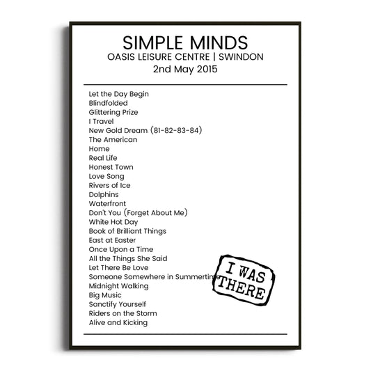 Simple Minds Swindon 02 May 2015 Setlist Poster