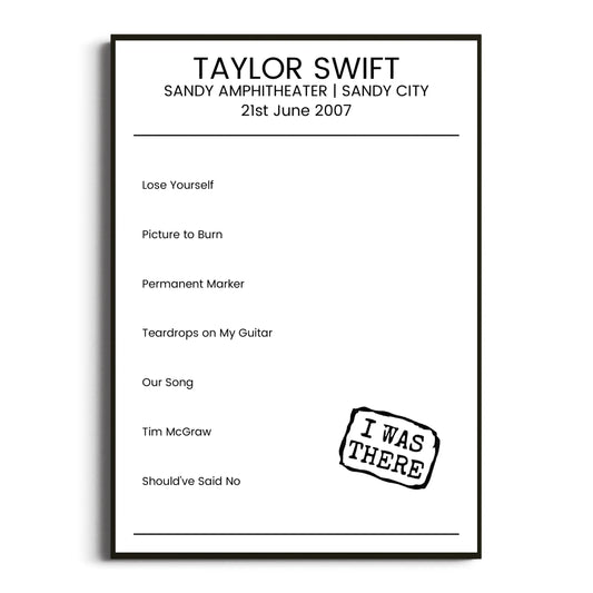 Taylor Swift Sandy City 21 June 2007 Setlist Poster