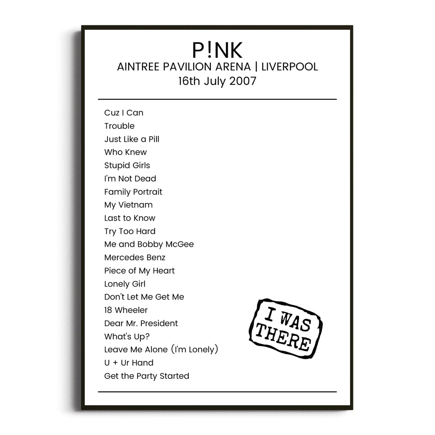 P!nk Liverpool 16 July 2007 Setlist Poster