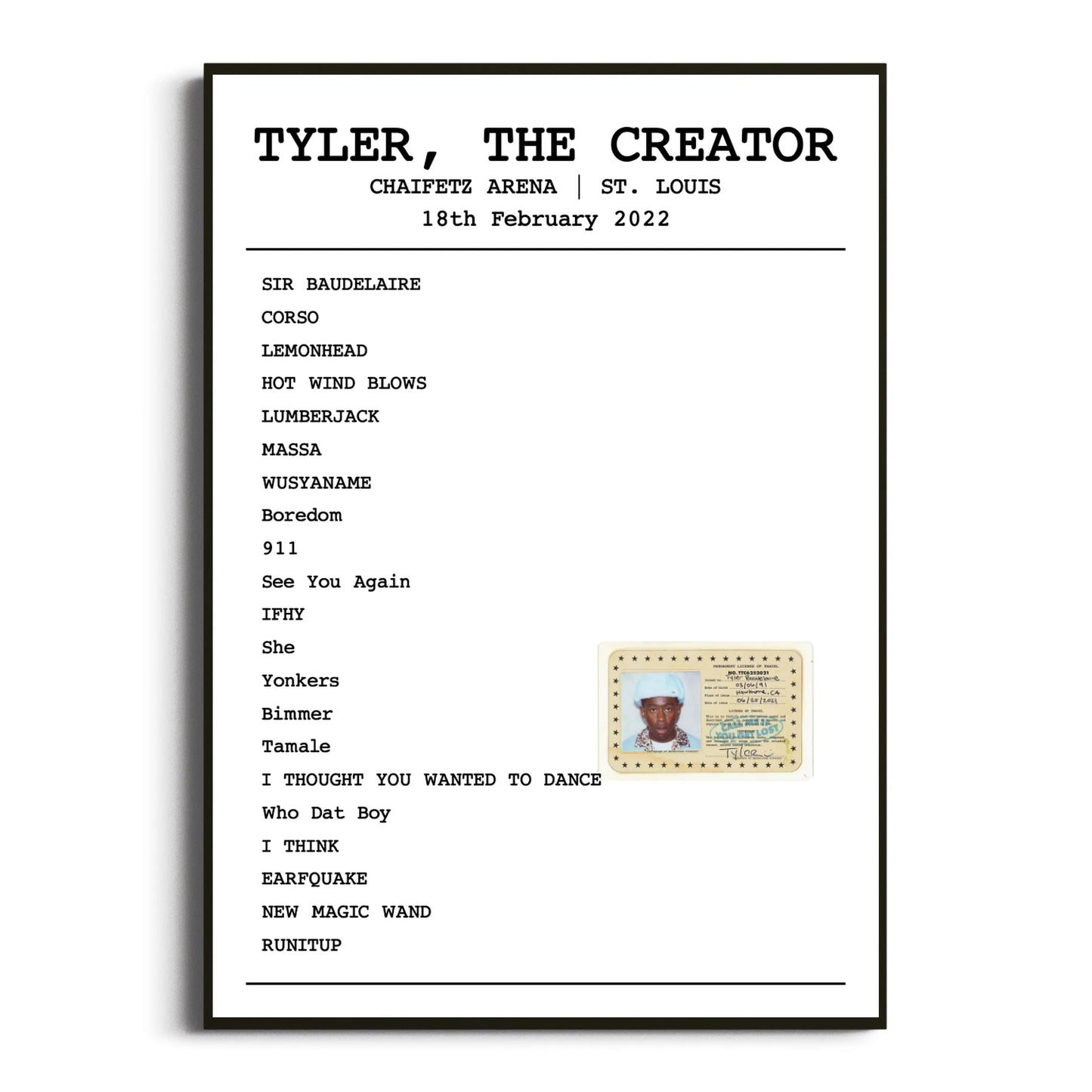 Tyler, The Creator St. Louis 18 February 2022 Setlist Poster