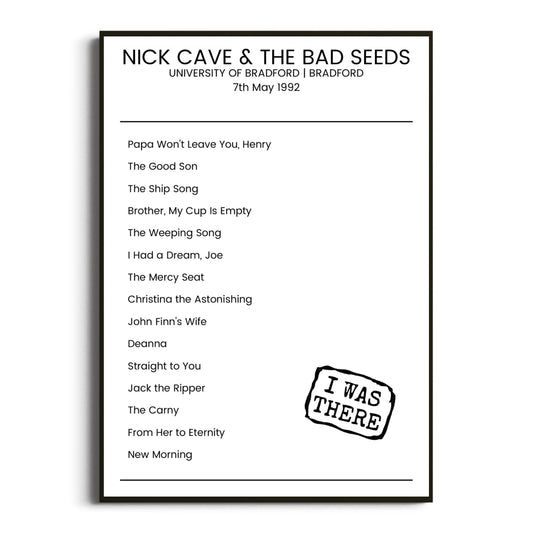 Nick Cave & the Bad Seeds Bradford 07 May 1992 Setlist Poster